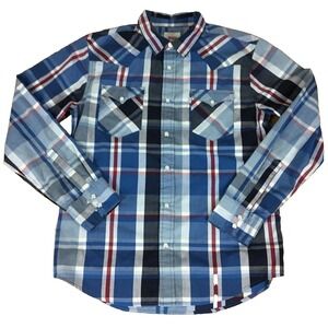 Levis Mens Medium Blue Plaid Western‎ Pearl Snap Long Sleeve Shirt 3LYLW5062